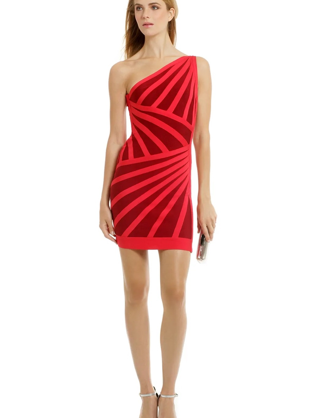 Herve Leger Red One-Shoulder Striped Bandage Mini Dress